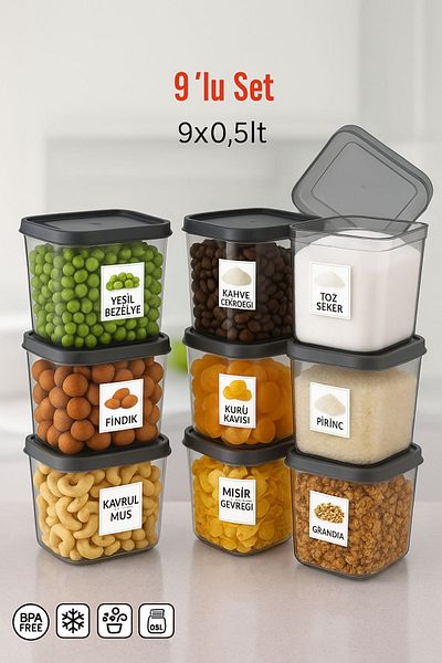 Open Home Concept Set of 9 Storage Containers – Anthracite Color, Practical and Stylish 550 ml