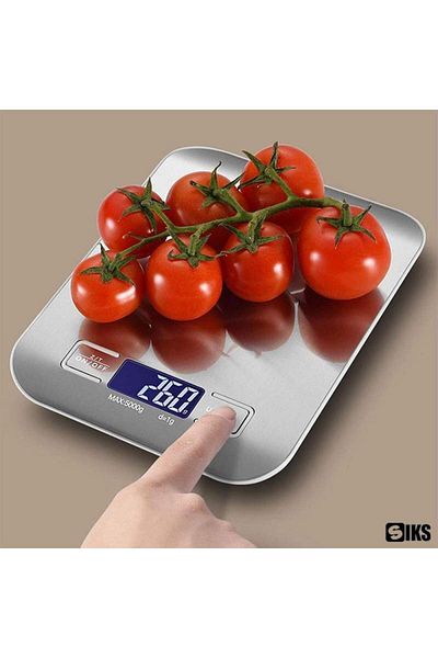 SIKS Digital Kitchen Scale, 5 Kg Capacity, 2 Aaa Batteries, Stainless Steel, G/kg/lb/oz/ml, Silver