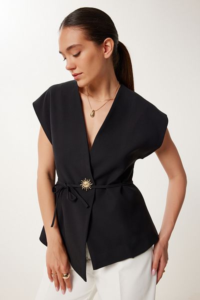 Lovelyİstanbul Vestă țesătă cu curea cu nasturi elegantă NEGRU LRV0096