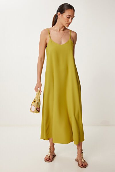 Lovelyİstanbul Askılı Dökümlü Şık Elbise YAĞ YEŞİLİ LGK0004