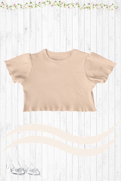 MODA59 Girl's Ribbed Crop, Light Brown Short Sleeve Cotton Crop
