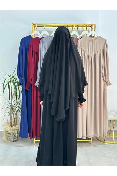 erasra class Hijab Dress, V Model Gathered Front, Soufflé Esarpla Suit. Hijab, Khimar. Suitable for Hajj Umrah Black