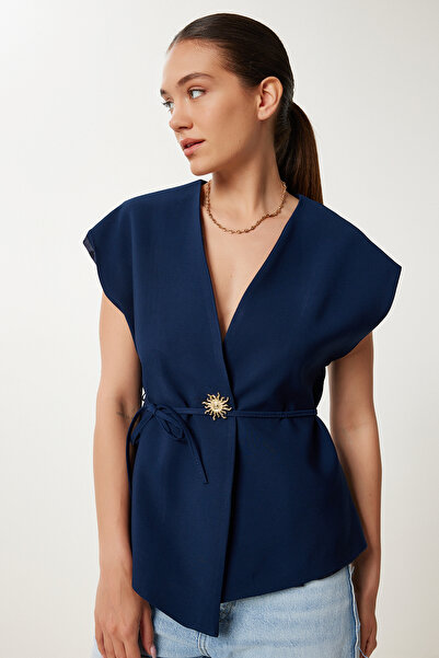 Lovelyİstanbul Stylish Buttoned Belted Woven Vest Dark Blue Lrv0096