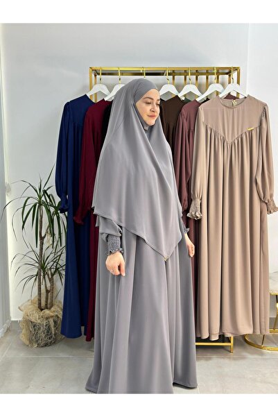 erasra class Hijab Dress, V Model Gathered Front, Soufflé Esarpla Suit. Hijab, Khimar. Suitable for Hajj Umrah Gray