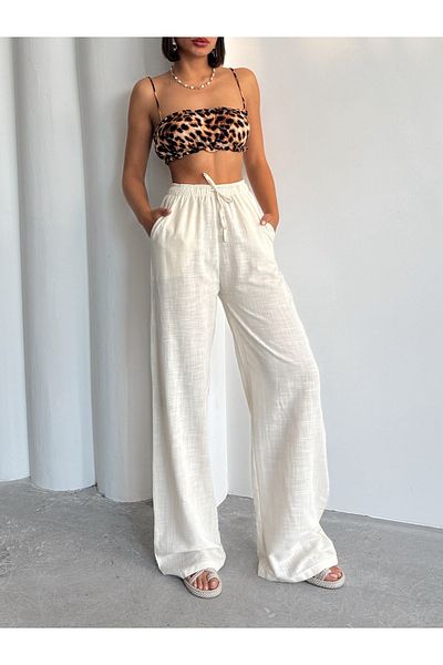 BEJNA Γυναικείο Κρεμ Λινό Παντελόνι Palazzo Loose Cut