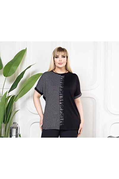 ZY BUTİK Black Large Size Striped Stone Detailed Stylish Combed Cotton Short Sleeve Blouse