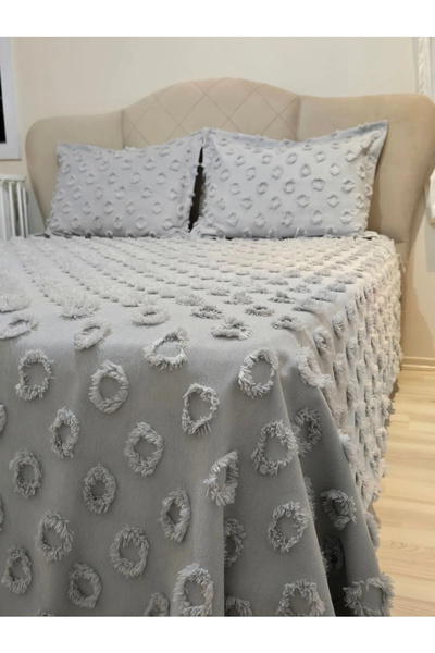 REYS Ponpon Çift Kişilik Yatak Örtüsü Takımı 240x250 - Gri -