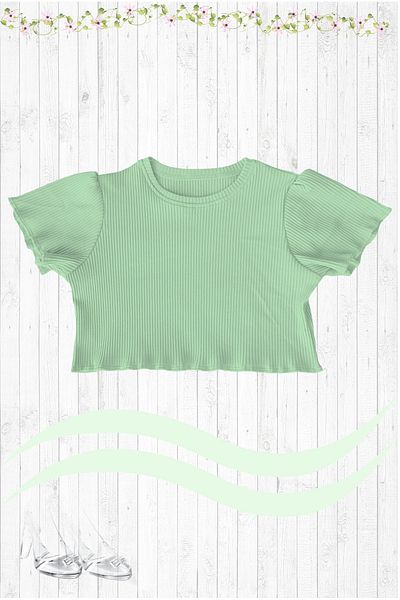 MODA59 Girl's Ribbed Crop, Light Green Color Short Sleeve Cotton Crop