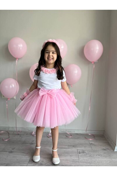 Sare Çocuk Giyim Kız Çocuk Pembe Çiçekli Prenses Tütü Etek, Taç, Bileklik, Tişört Doğum Günü Kombini 5'li Set