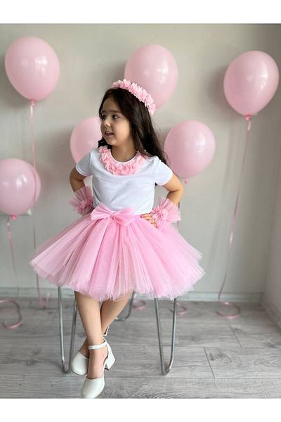 Sare Çocuk Giyim Κοριτσίστικη ροζ φλοράλ Princess Tutu φούστα, στέμμα, βραχιόλι, μπλουζάκι γενεθλίων Σετ 5 τεμαχίων