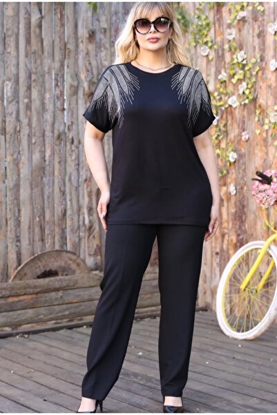 ZY BUTİK Black Large Size Stylish Combed Cotton Short Sleeve Blouse with Stone Detail