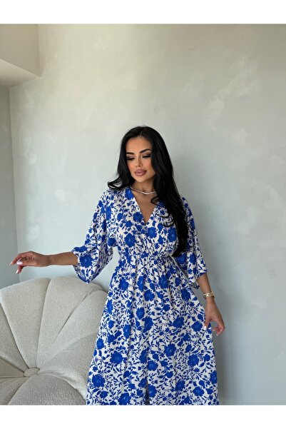 KAMACI BUTİK Rochie cu guler dublu din țesătură din viscoză cu modele florale
