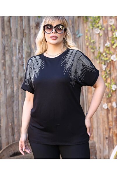 ZY BUTİK Black Large Size Stylish Combed Cotton Short Sleeve Blouse with Stone Detail