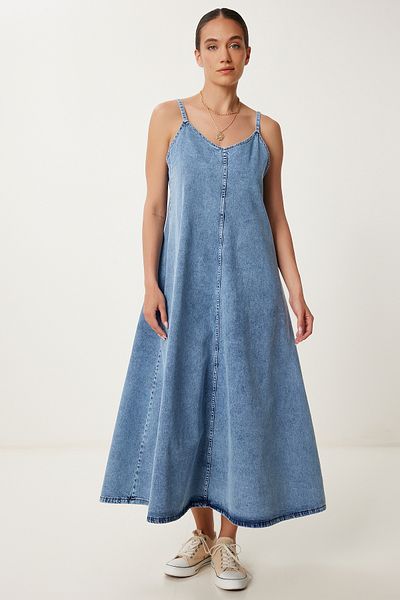 Lovelyİstanbul Rochie cu bretele din denim clopot ALBASTRU DESCHIS LRV0097