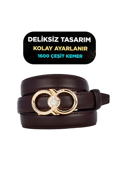 GoDeri No Hole Dark Brown Women's Belt with Automatic Buckle, Trouser Belt, Dress Belt, 2.5 Cm_Auto