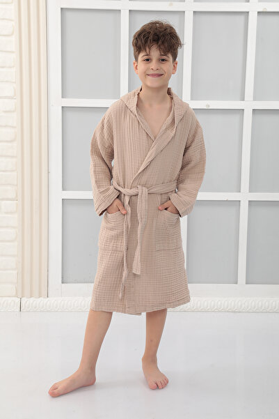 Almir Home 4 Layers Muslin Hooded Children's Bathrobe Latte Color Unisex