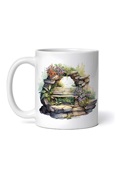 OEM Cană albă personalizată, Bancă din lemn cu flori printre pietre, Inovatix...