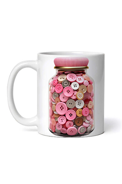 OEM Cană albă personalizată, borcan cu nasturi roz, Inovatix®. 330 ml