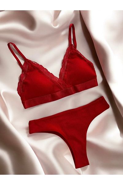 LİBELLA İÇ GİYİM Women's Red Lace Ribbed Thong 2-Piece Comfortable Bra Set - 2-Piece Stylish Underwear Set - Basic