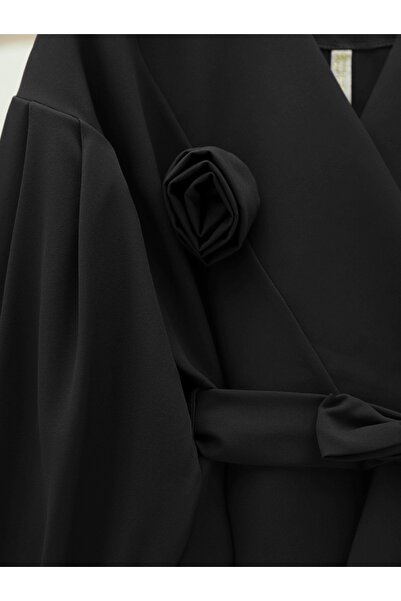 HİJABAYA Cross Collar Rose Detailed Belted Double Suit