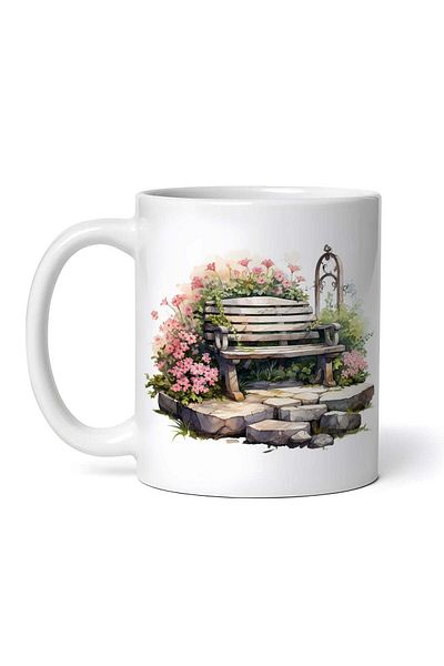 OEM Personalized white mug, Garden bench with pink flowers, INOVATIX®. 330ml