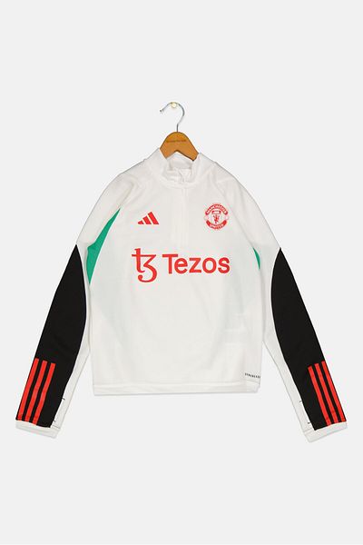 adidas Kids Boy Manchester United Football Half Zip Sweatshirt, White