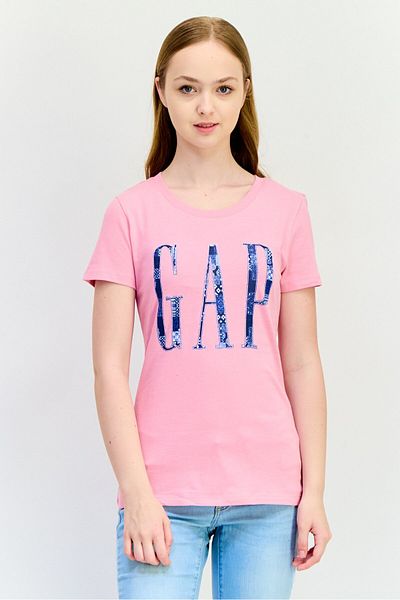 GAP Women Round Neck Short Sleeves Brand Logo T-Shirt, Pink
