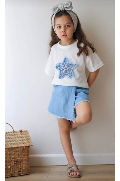 JELİBOOM Girl's Starry Denim Skirt Bottom Top Set