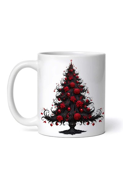 OEM Cană albă personalizată, brad negru cu ornamente roșii, INOVATIX®. 330ml