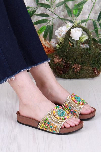 fort 00303 Pienn Anatomical Flexible Comfortable Stone Beaded Women's Slippers
