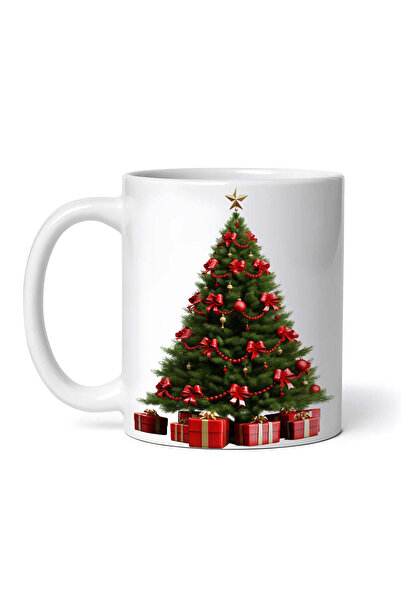 OEM Cană albă personalizată, Brad de Crăciun cu globuri roșii și ghirlande de...