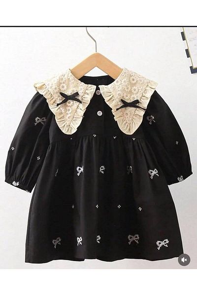 2kids2mom Girl's Baby Collar Bow Embroidered Dress