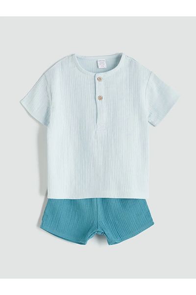 LC Waikiki Lcw Baby Blue Buttoned Collar Baby Boy T-Shirt and Shorts Set of 2