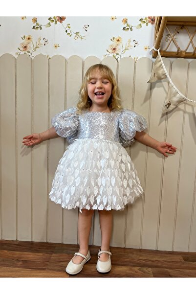 ministok Gümüş Payetli Balon Kollu Davet Özel Gün Doğum Günü Elbisesi