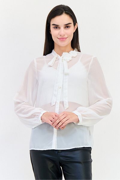 GAP Women Tie Neck Long Sleeves Solid Blouse, White