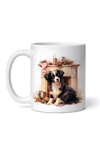 OEM Cană albă personalizată, câine Collie lângă șemineu, Inovatix®. 330 ml