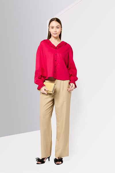 Scotch & Soda Women V-neck Eyelet Long Sleeve Shirt, Magenta