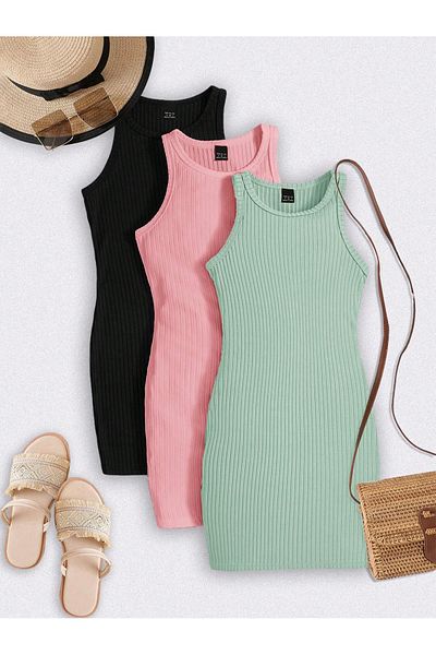 şems fashion 3 Pack Black Pink Green Slimfit Mini Size 100% Cotton Crew Neck Casual Camisole Women's Dress