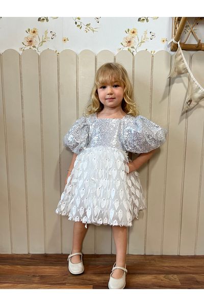 ministok Silver Sequined Balloon Sleeves Invitation Special Occasion Birthday Dress