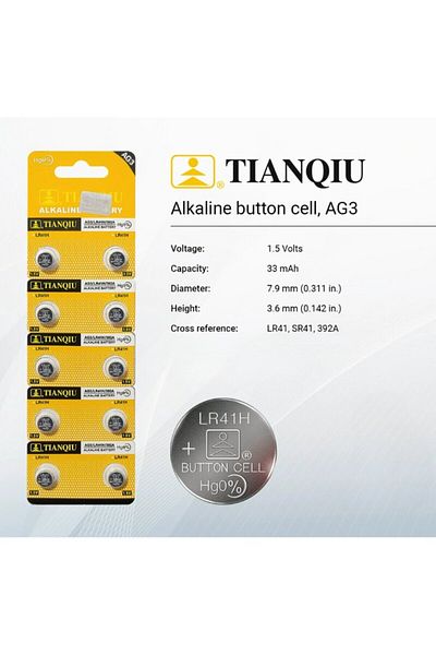 TIANQIU AG3/ LR41H/ 392A 1.5V Alkaline Batteries - 10 Pieces