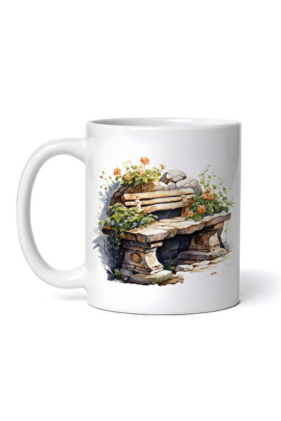 OEM Cană albă personalizată, bancă de piatră cu flori portocalii, Inovatix®. ...