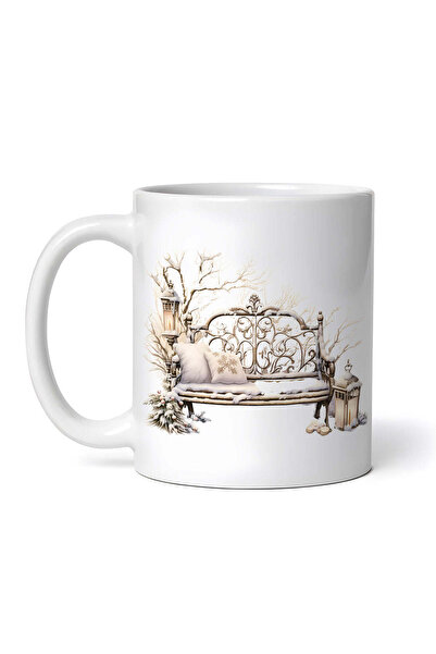 OEM Cană albă personalizată, Bancă vintage cu zăpadă, INOVATIX®. 330ml