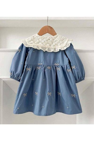 2kids2mom Girl's Baby Collar Bow Embroidered Dress