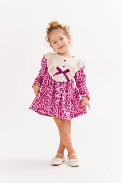 2kids2mom Rochie de sărbători pentru fetiță, roz, cu imprimeu leopard, cu guler din dantelă, cu mâneci lungi