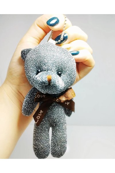 İZMİR.ACCESSORİZE TAKI & BİJUTERİ & AKSESUAR New Year's Gift Gray Silvery Shiny'Love' Written Plush Teddy Bear Keychain & Bag Accessory