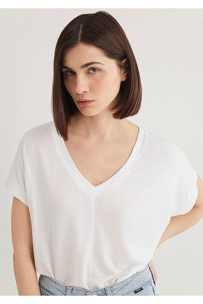 Mavi Weißes Basic-T-Shirt aus Viskose mit V-Ausschnitt, reguläre Passform 166449 -620