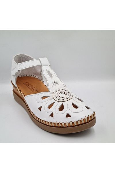 casso 848198 White Genuine Leather Anatomical Insole Side Velcro Closed Toe Women's Sandals