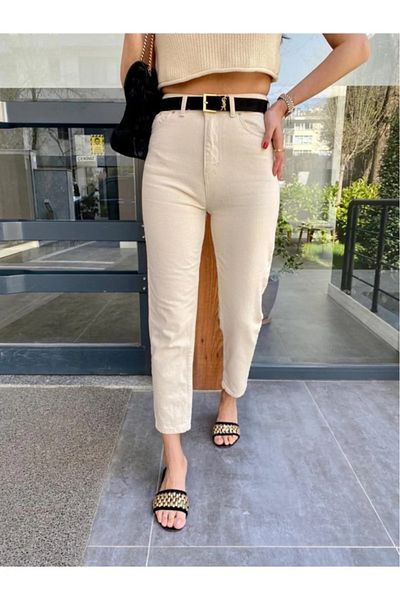 SANTA BELLA Angel Beige Cream Super High Waist Boyfriend Mom Jeans Women's Jeans