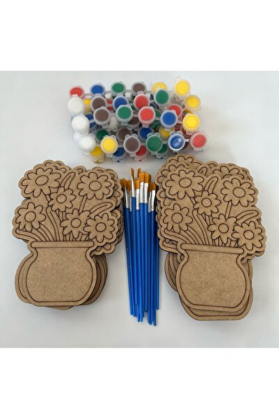 WoodStory Ahşap Boyama Oyuncak Seti – 20’li Çiçek Figürü + 10 Akrilik Boya + 20 Fırça | Toplu Sanat Etkinliği