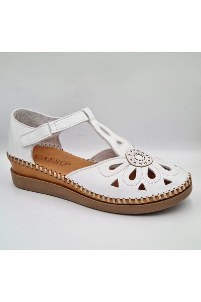 casso 848198 White Genuine Leather Anatomical Insole Side Velcro Closed Toe Women's Sandals
